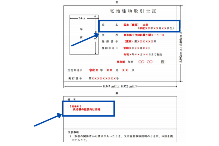 宅建士証に旧姓が併記されている場合の記載例